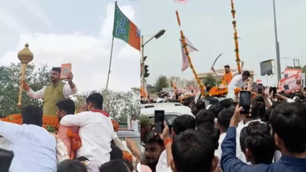 लखनऊ में भाजयुमो अध्यक्ष का मेगा शक्ति प्रदर्शन! क्रेन से पहनाई माला, तलवार लहराई, 3 KM रोड शो से शहर थमा